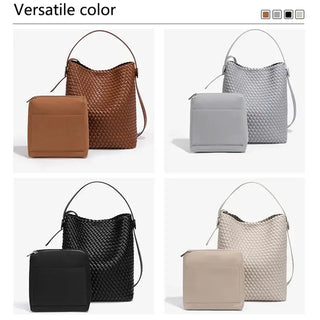 Woven leather bag collection in brown, gray, black, and beige for stylish summer accessories.