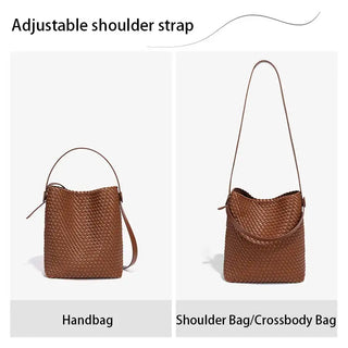 Woven leather bag in brown, versatile handbag and shoulder/crossbody style with adjustable strap.