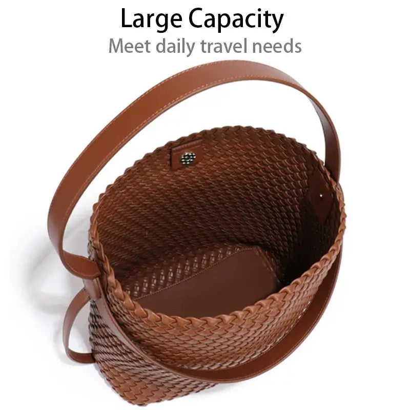 Woven leather bag in brown, large capacity, perfect for daily travel and casual elegance.
