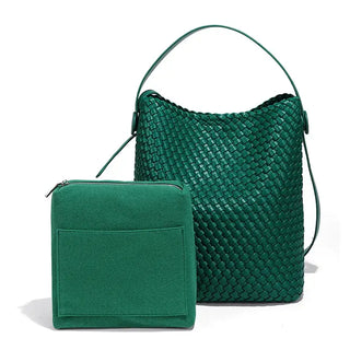 Woven green leather bucket shoulder bag with matching zippered pouch, eco-friendly stylish accessory for summer.