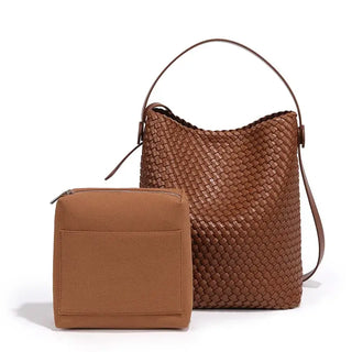 Woven leather bucket bag in brown, eco-friendly design with matching pouch, perfect for casual elegance and everyday use.