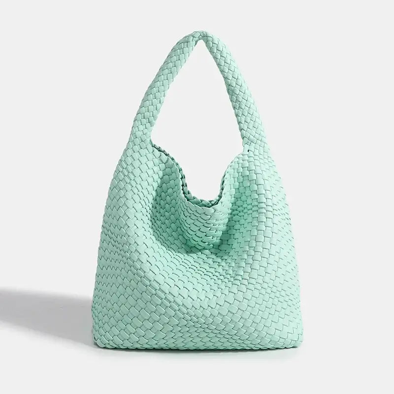 Woven shoulder bag in mint green, handcrafted design for stylish women, perfect for casual use and everyday carry.