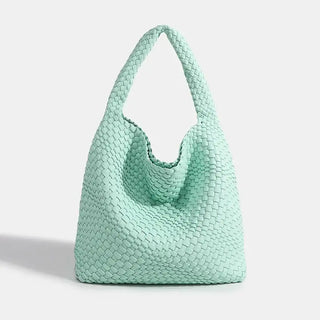 Woven shoulder bag in mint green, handcrafted design for stylish women, perfect for casual use and everyday carry.