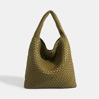 Woven shoulder bag in olive green, handmade with a unique criss-cross design, perfect for casual outings and daily use.
