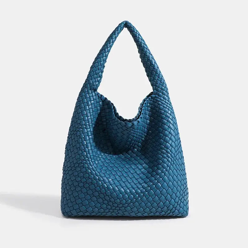 Woven shoulder bag in teal blue, stylish and practical, perfect for casual outings and everyday use.