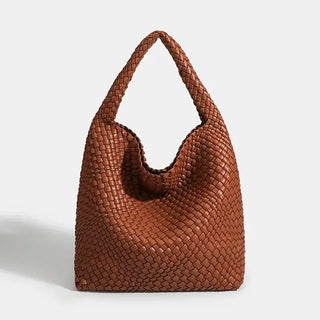Woven shoulder bag in brown, handmade tote with a unique criss-cross design, perfect for casual and everyday use.