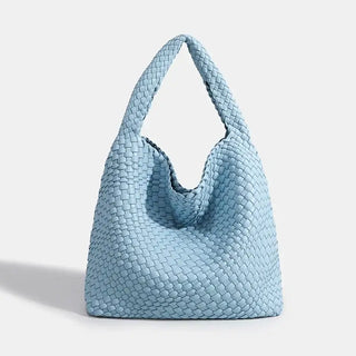 Woven shoulder bag, blue handmade tote bag, stylish and practical for everyday use.