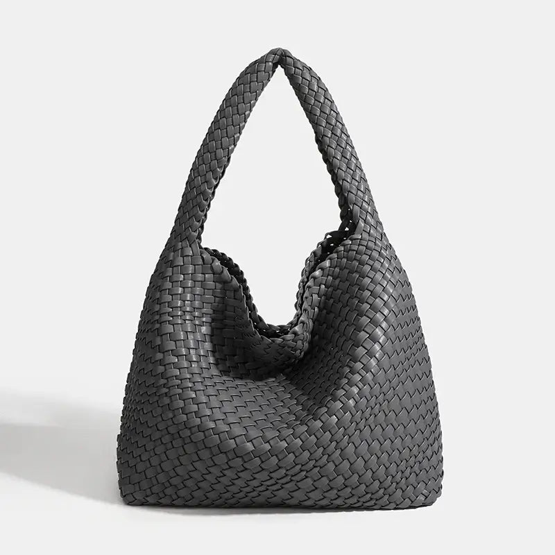 Woven shoulder bag in black, handmade with high-quality materials, perfect for casual use and stylish carrying.