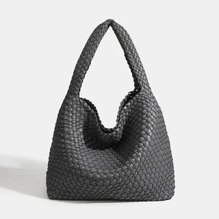 Woven shoulder bag in black, handmade with high-quality materials, perfect for casual use and stylish carrying.