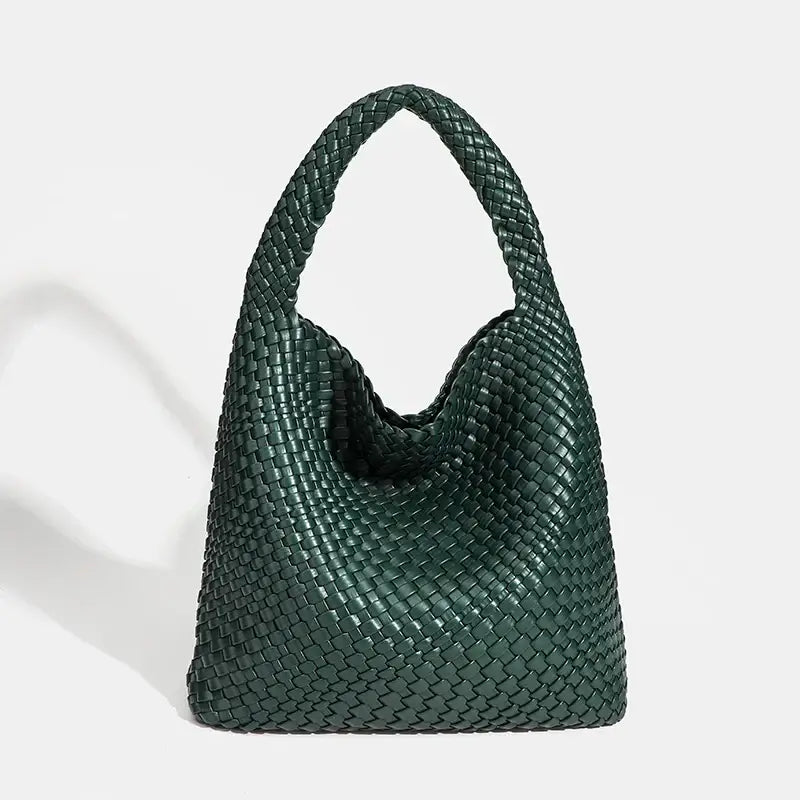 Dark green woven shoulder bag, handmade with high-quality materials, stylish and practical for everyday use.