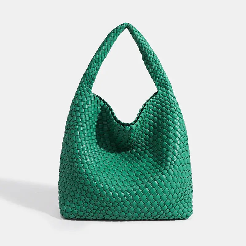 Green woven shoulder bag, handmade tote perfect for casual outings and stylish everyday use.