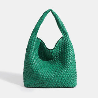 Green woven shoulder bag, handmade tote perfect for casual outings and stylish everyday use.