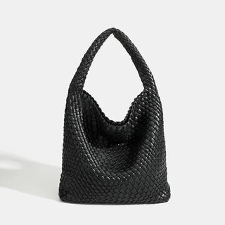 Woven shoulder bag, black PU leather tote, stylish casual bag for women, perfect for everyday and business use.