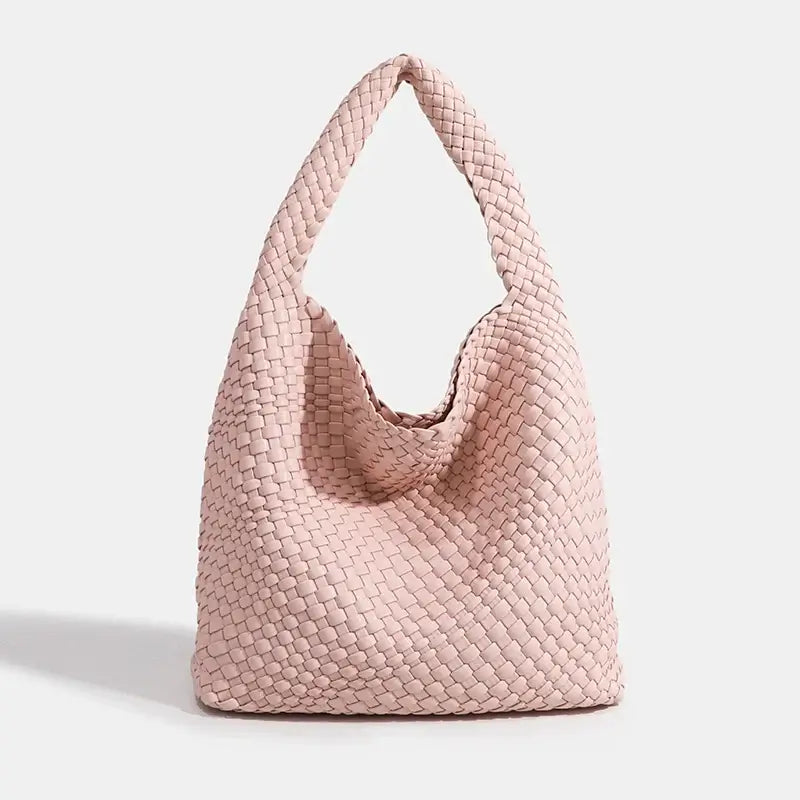 Woven Shoulder Bag, pink handmade tote bag with a criss-cross design, ideal for casual and everyday use.