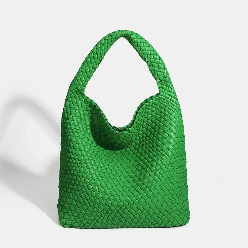 Woven green shoulder bag - Handmade tote for women, stylish and practical with a unique criss-cross design.