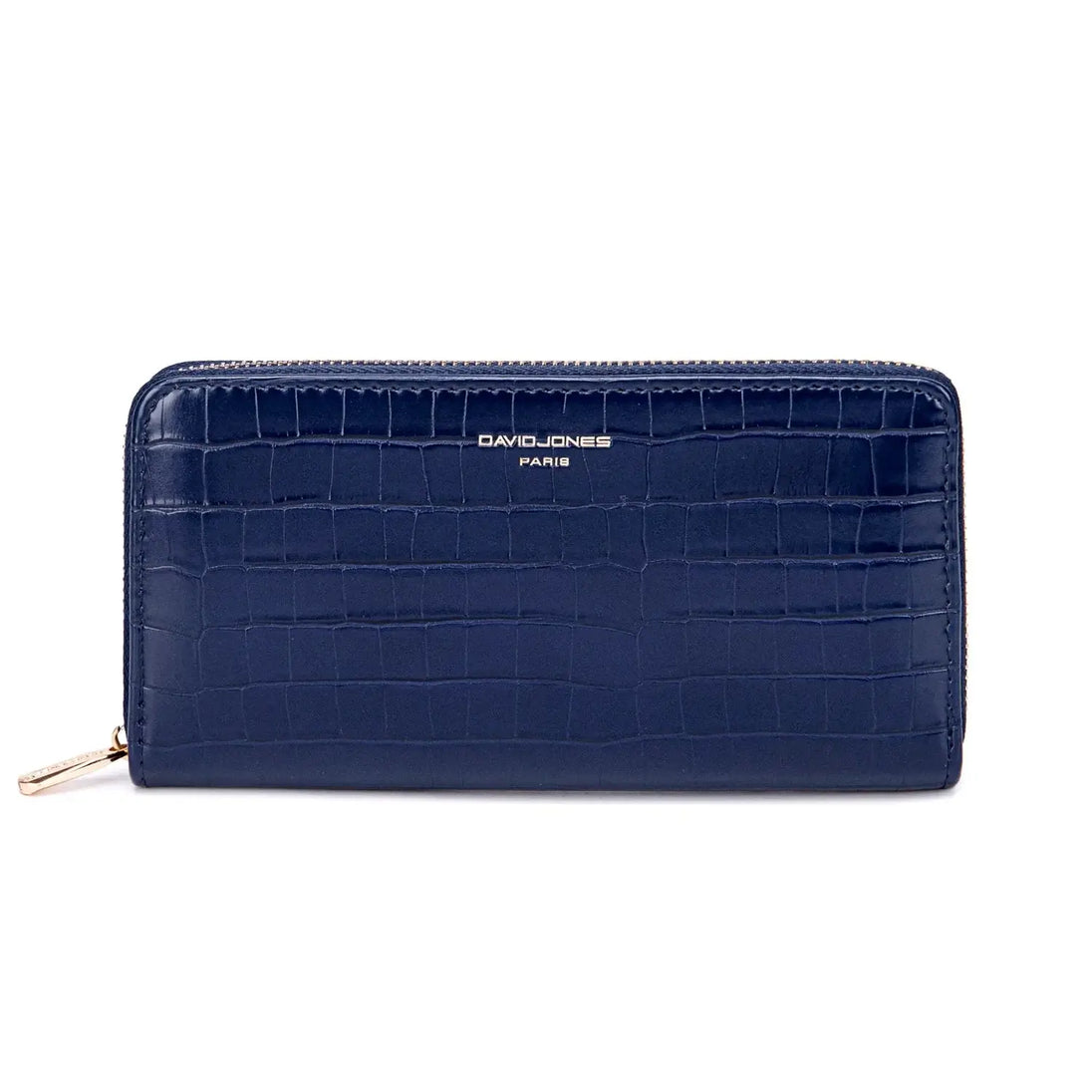 Navy PU leather wallet with zipper closure featuring a stylish croc embossed design for women.