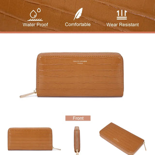 Soft water resistant PU Leather wallet with zipper closure, ruched decoration for women, showcasing front, back, side and upside views.