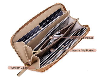 Interior view of a PU leather wallet with multiple compartments and a smooth zipper, featuring internal slip and zip pockets.