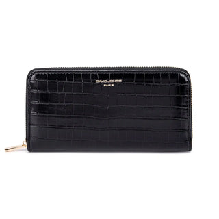Black PU leather wallet with zipper closure and crocodile texture, designed for women.