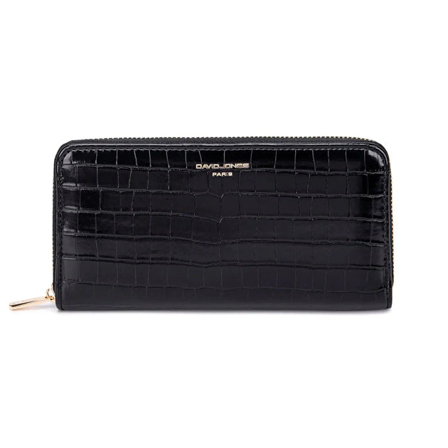 Black PU leather wallet with zipper closure and crocodile texture, designed for women.