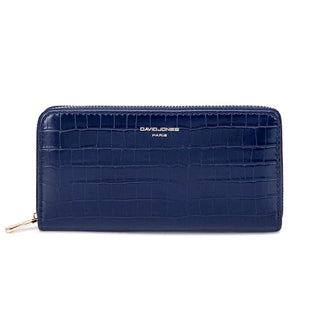 Navy PU Leather Wallet with Zipper Closure and Crocodile Texture
