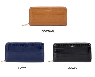 Wallet PU Leather in cognac, navy, and black colors with zipper closure and ruched decoration.