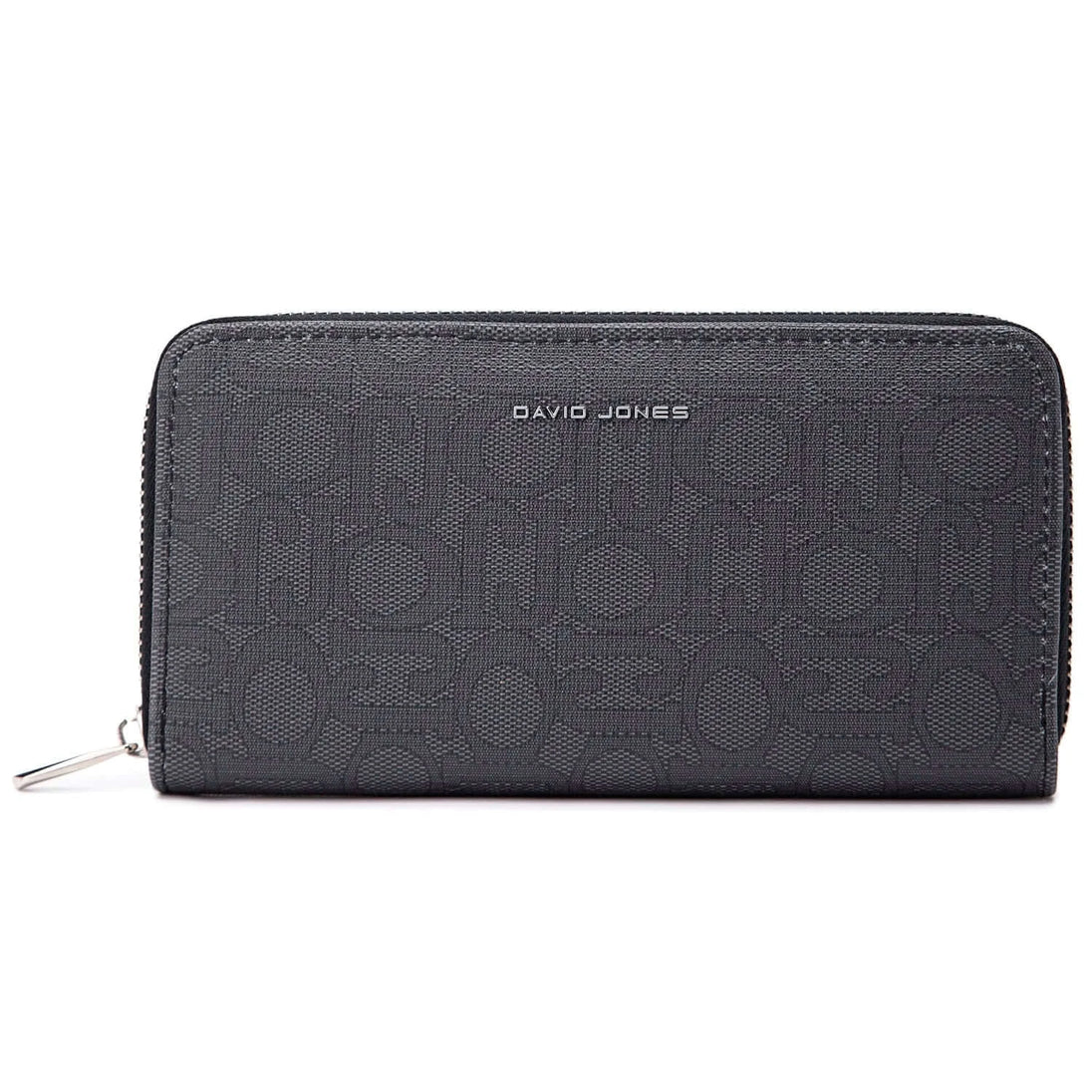 Wallet with interior slot pocket by David Jones, featuring a zipper closure and stylish black embossed design.