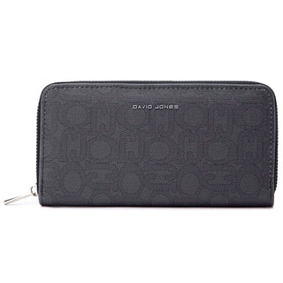 Wallet with interior slot pocket by David Jones, featuring a zipper closure and stylish black embossed design.