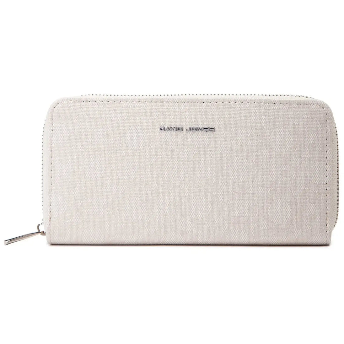 Wallet with interior slot pocket, zipper closure, and embossed design for women in light color.
