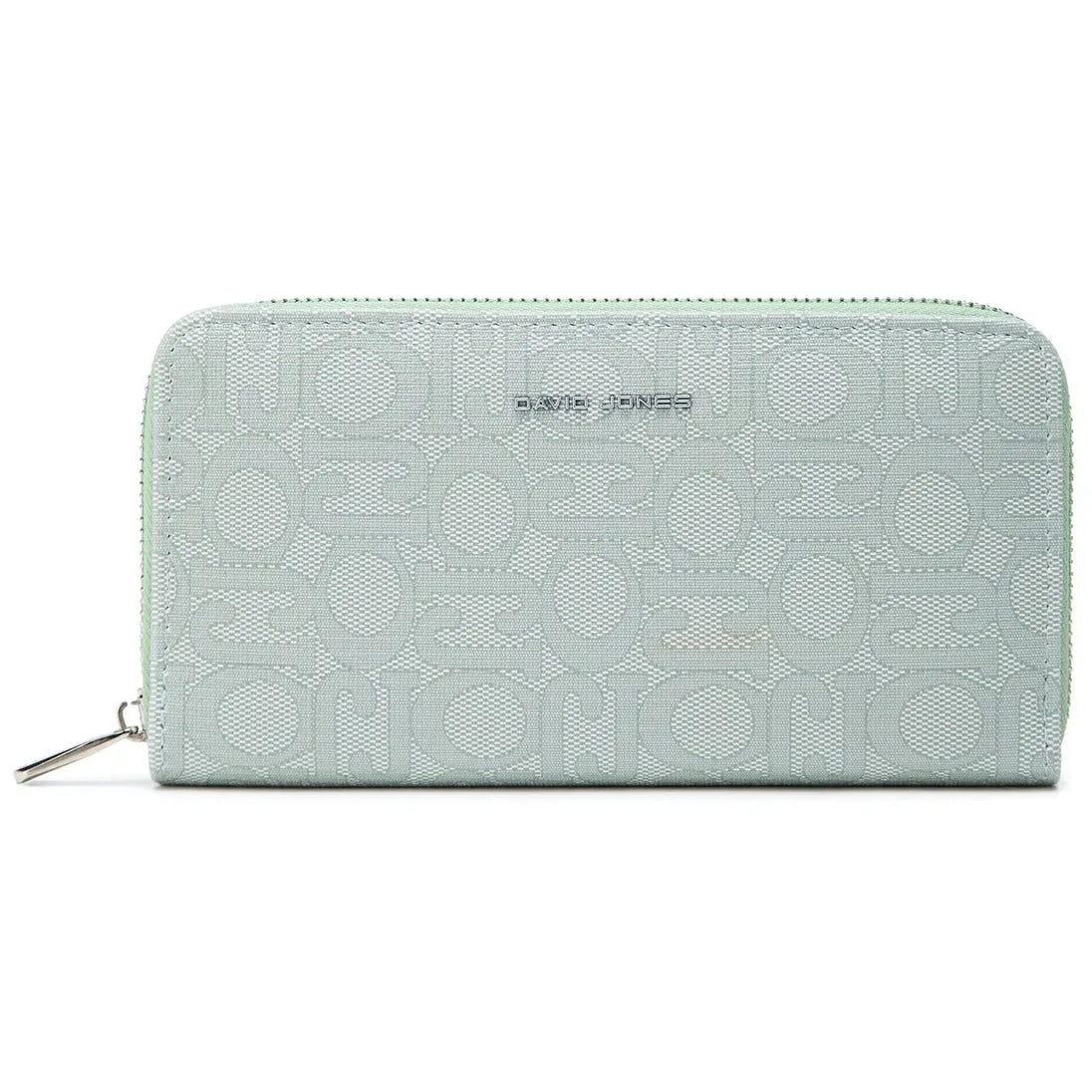 Mint green wallet with zipper and embossed logo, featuring an interior slot pocket for women.