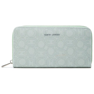 Mint green wallet with zipper and embossed logo, featuring an interior slot pocket for women.