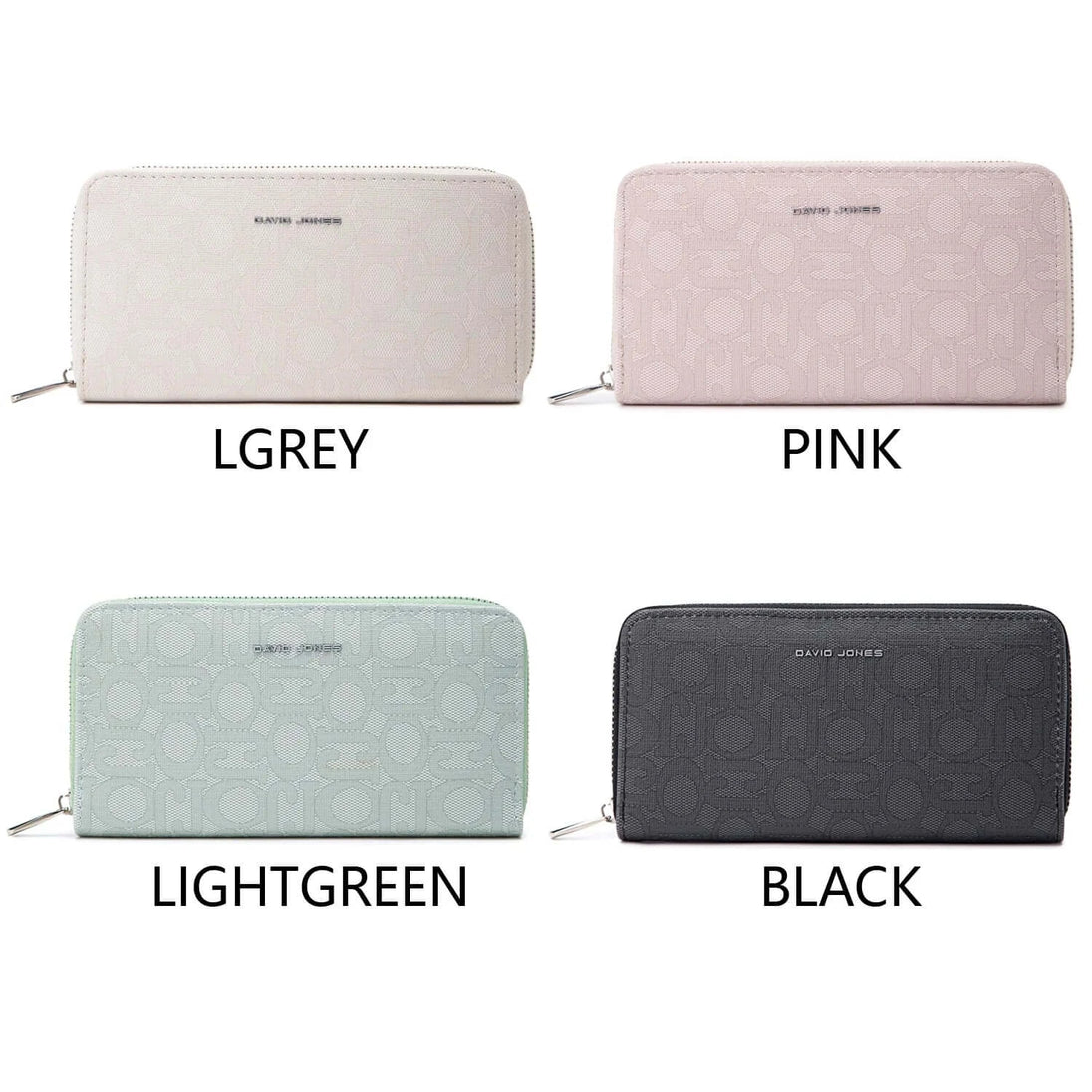 Wallet with interior slot pocket available in grey, light green, pink, and black colors.