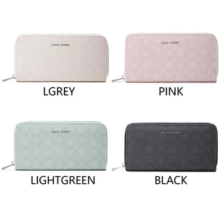 Wallet with interior slot pocket available in grey, light green, pink, and black colors.