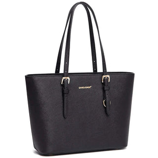 Stylish black tote bag with adjustable shoulder straps and elegant gold accents.