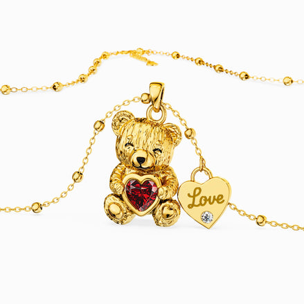 "Teddy Love" Necklace in 925 Silver Plated in 18K Gold with Ruby and Zircons