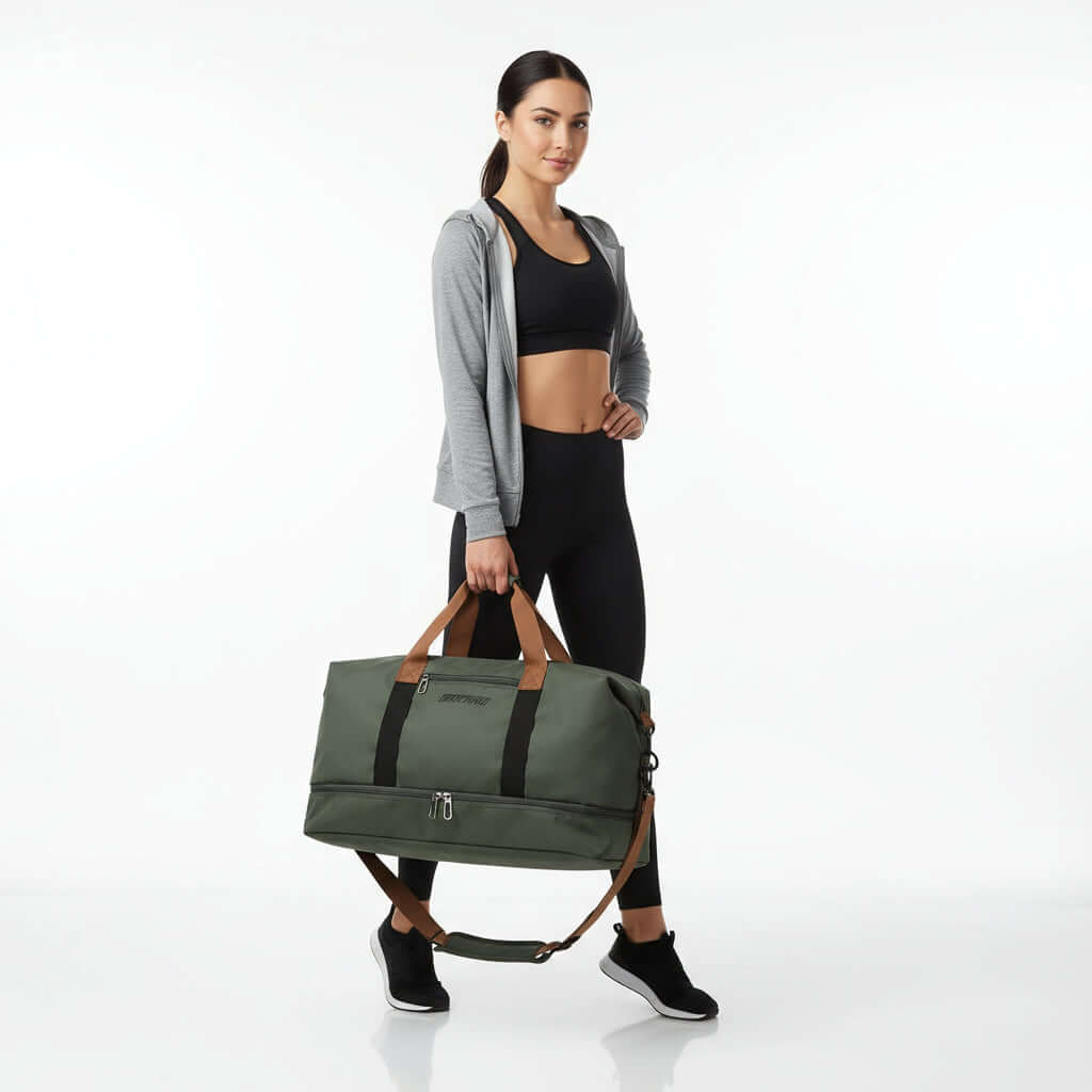 Woman in athletic wear holding a Gym Bag with Shoe Compartment, showcasing its stylish design and convenience.