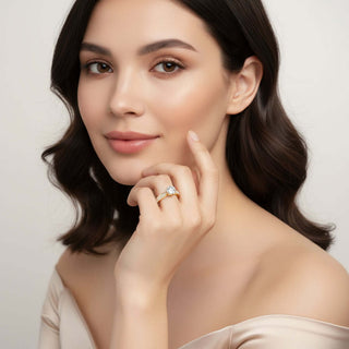 Woman wearing a beautiful Moissanite Wedding Engagement Ring, showcasing its brilliance and elegance.