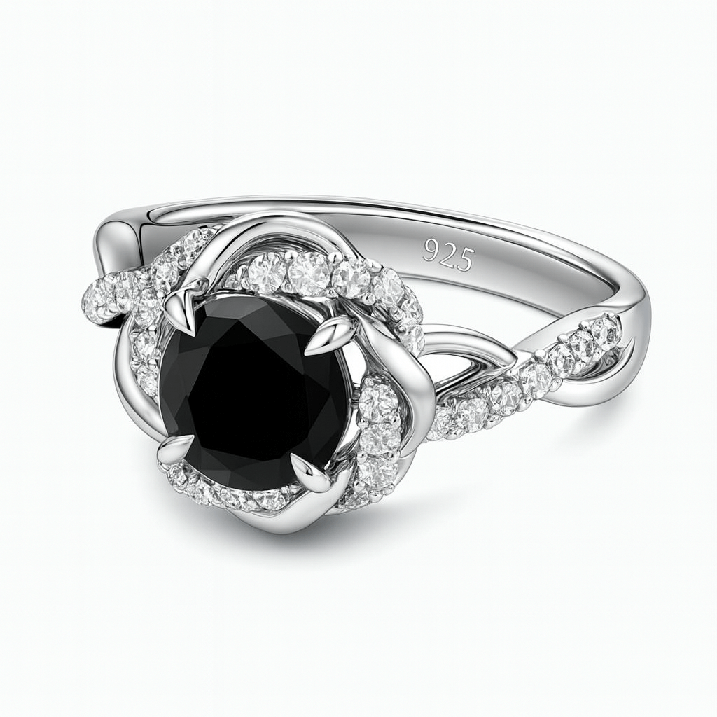 Silver ring with a black gemstone and diamond accents on a white background