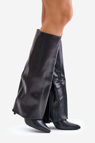 Elegant eco leather heel boots with a pointed toe and side zipper, designed for a sophisticated look.