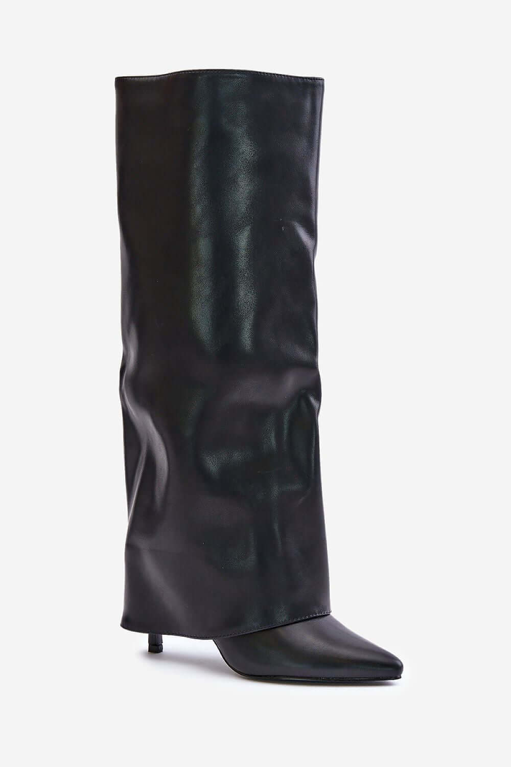 Women's boots with pointed toe and side zipper, eco leather, knee-high, elegant stiletto heel.