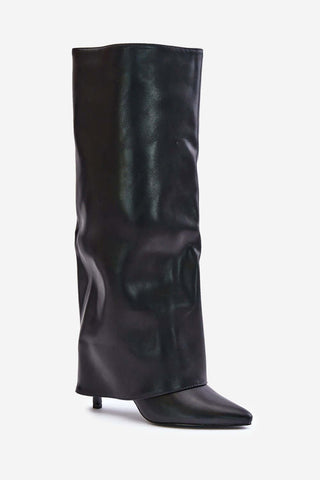 Women's boots with pointed toe and side zipper, eco leather, knee-high, elegant stiletto heel.