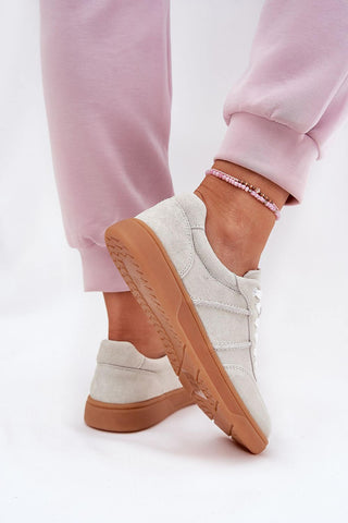 Sport shoes in light gray suede, women's low sneakers, featuring classic lacing and comfortable leather footbed.
