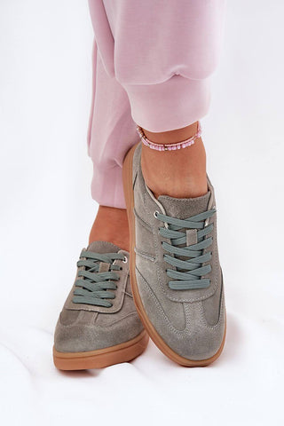 Sport shoes women's low sneakers in gray suede with round toes and classic lacing for a stylish look.
