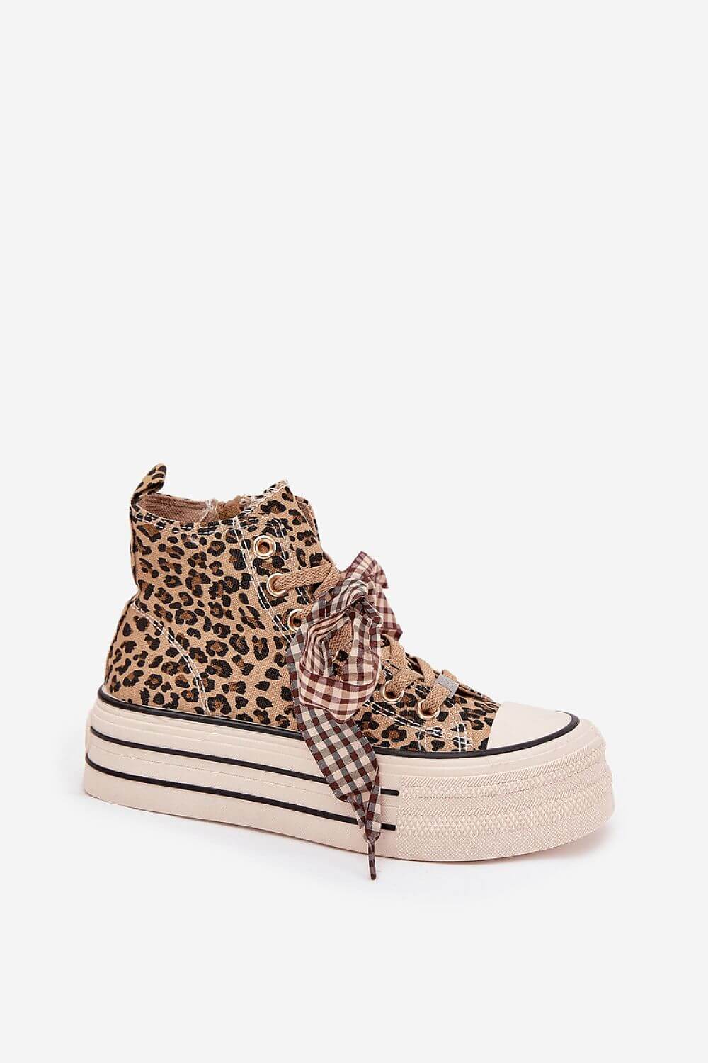 Women's sneakers with leopard print design, platform sole, ribbon decoration, and textile material for stylish comfort.