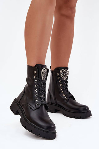 Women's ankle boots made of eco-leather with front lacing and heart jewelry ornament for stylish autumn wear.