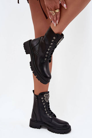 Stylish Women's ankle boots made of eco-leather with front lacing and heart ornament, perfect for autumn and winter.