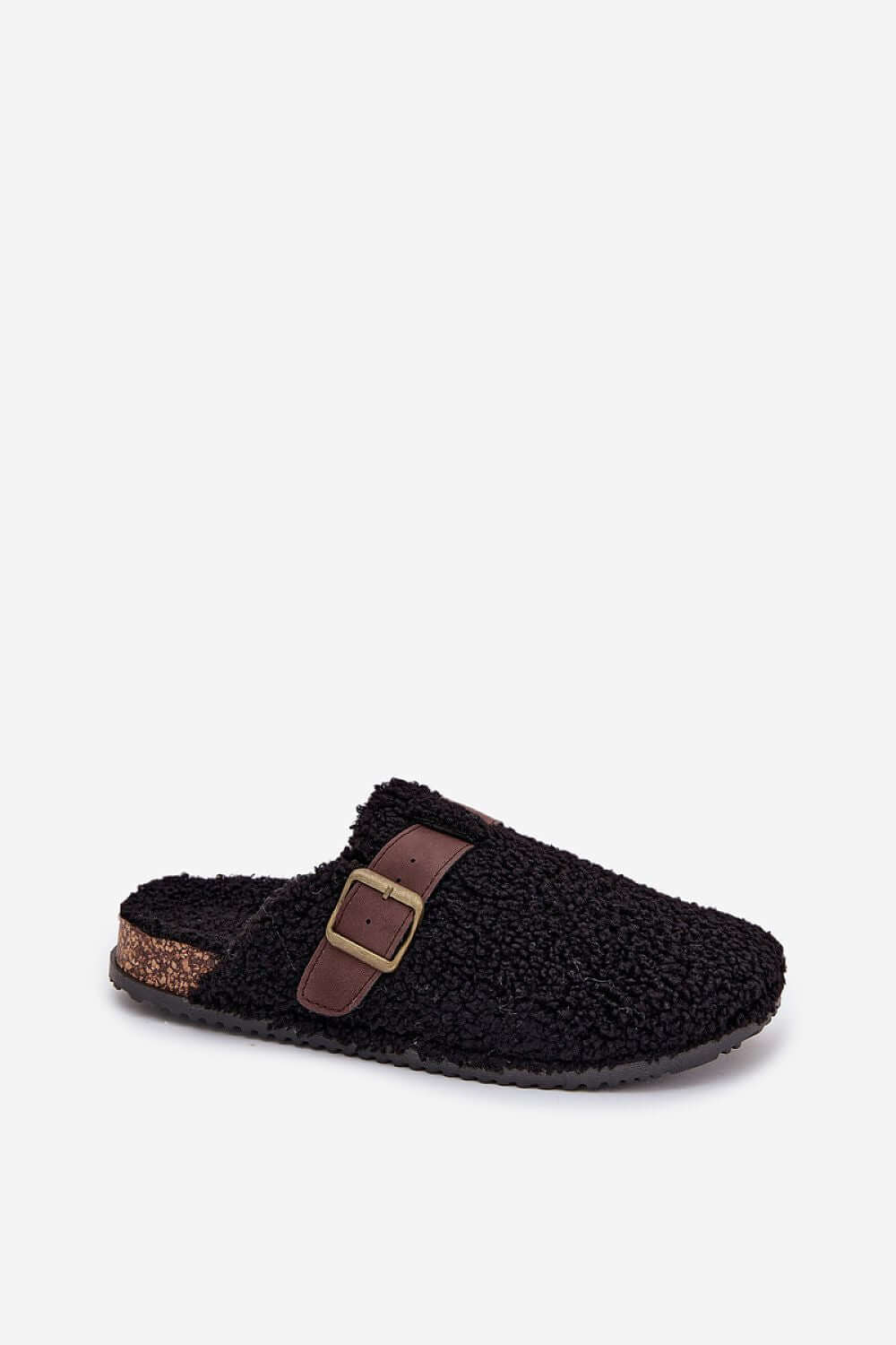 Women's sheepskin-style slippers with buckle, black fluffy design for comfort and style.