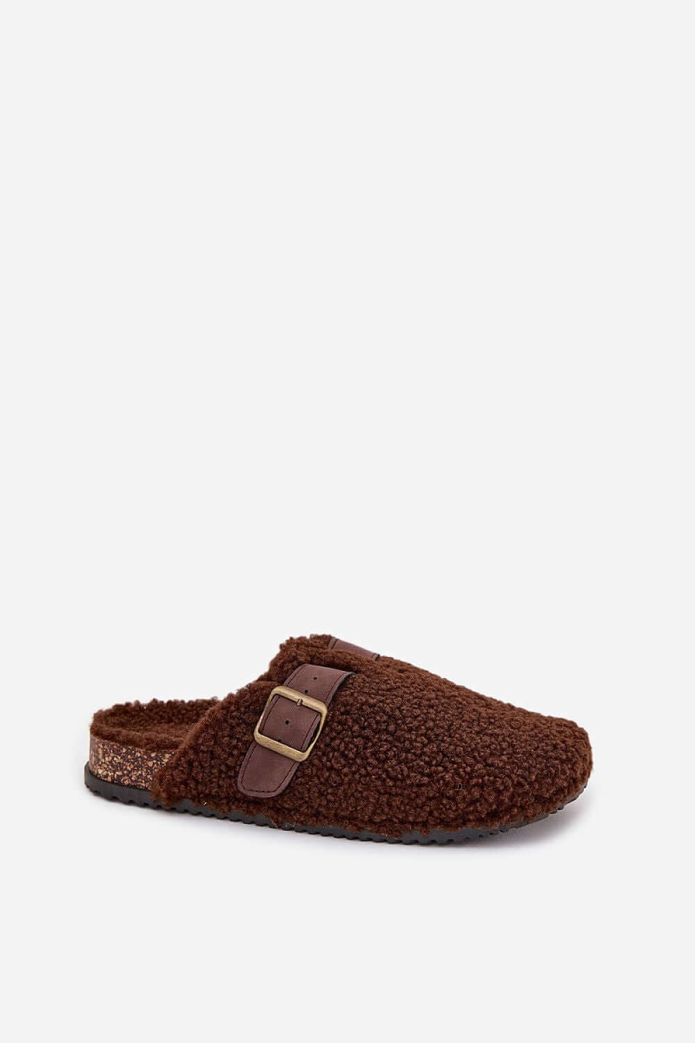 Women's sheepskin-style slippers in brown with a buckle strap and soft lining for comfort.
