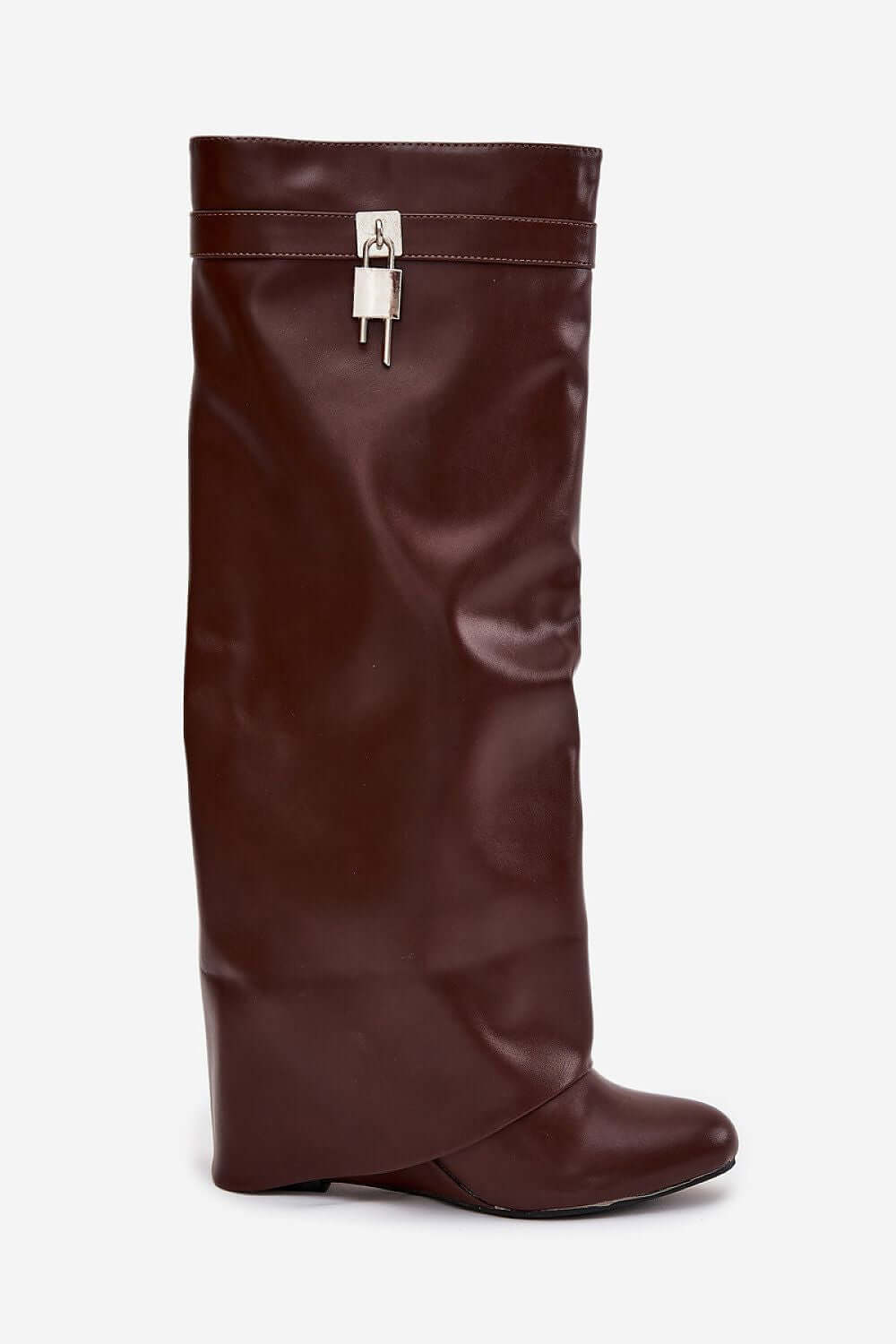 Women's boots made of eco leather suede with unique design and practical zipper in deep brown color.