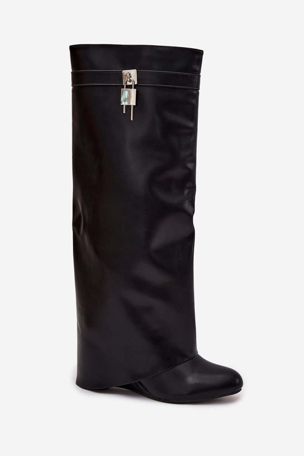 Women's boots made of black eco leather with zipper and decorative strap detail.